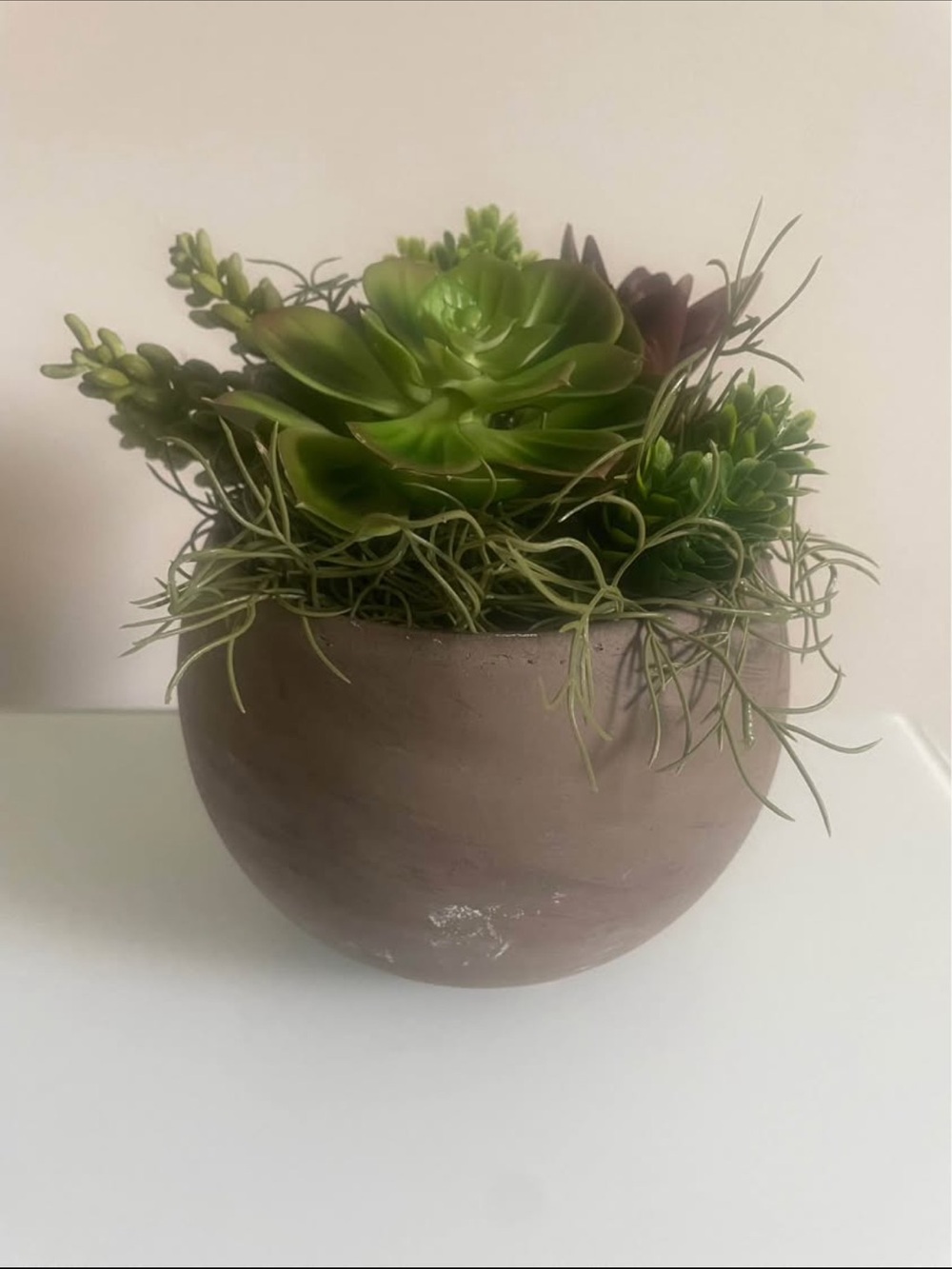 Hand Made Artificial Green Succulent and Moss Arrangement in Brown Clay Pot